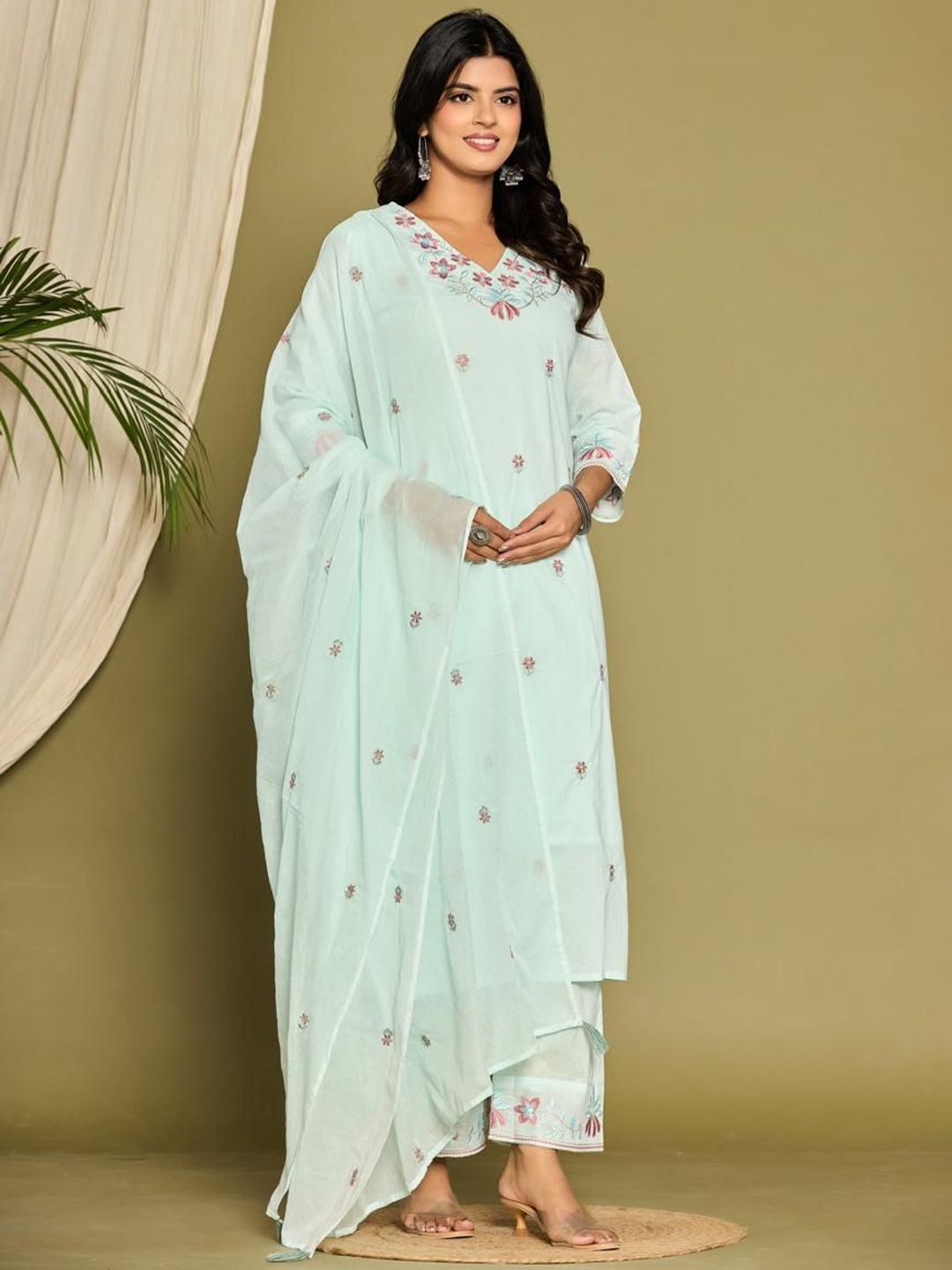 Floral Embroidered Pure Cotton Straight Kurta And Trousers With Dupatta