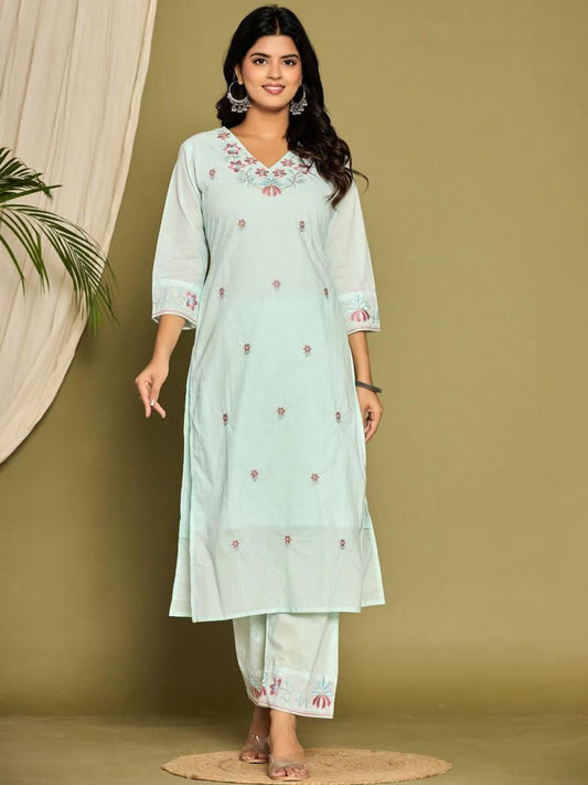Floral Embroidered Pure Cotton Straight Kurta And Trousers With Dupatta