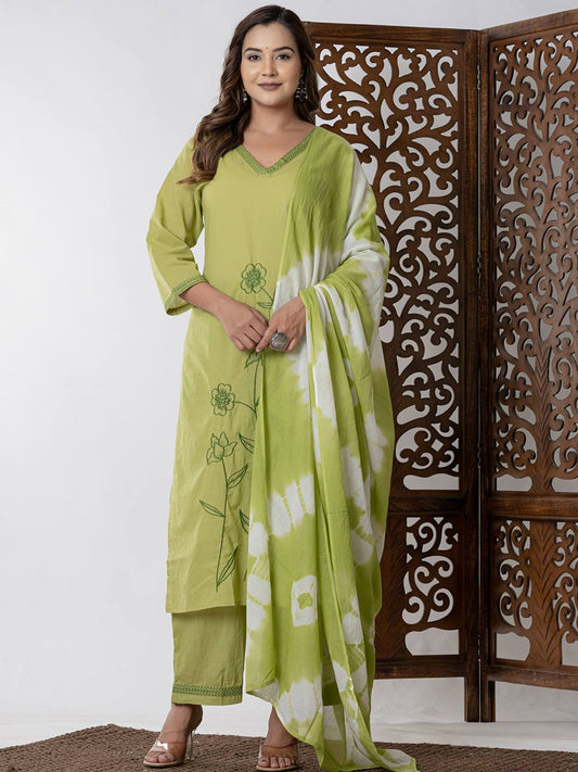 Floral Embroidered Thread Work Pure Cotton Kurta & Palazzo With Dupatta