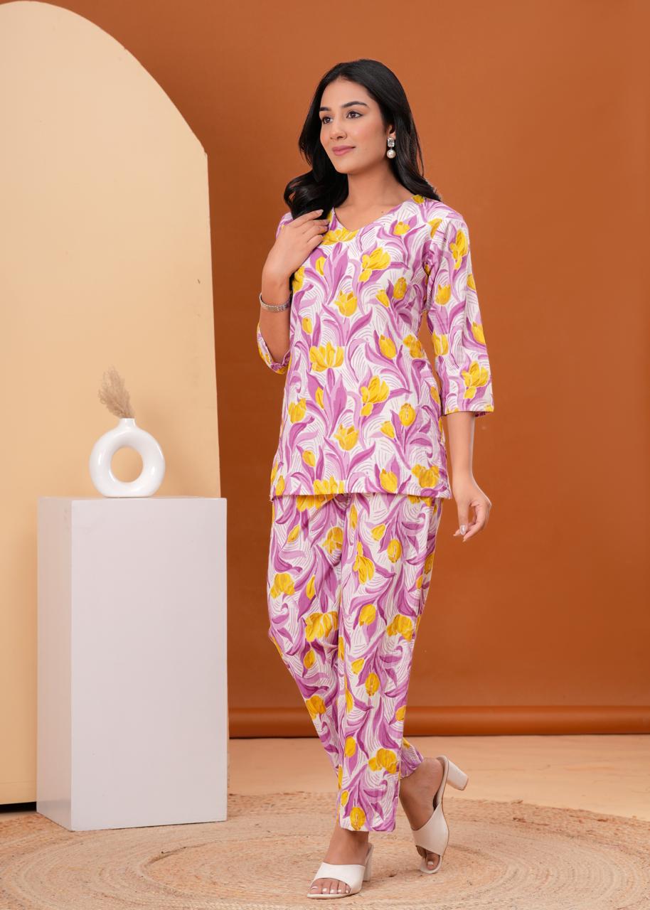 Purple Floral Co-ord Set with Vibrant Yellow Blooms & Soft Cotton Fabric