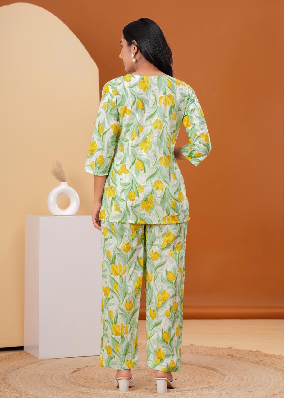 Yellow Floral Printed Co-ord Set on Mint Base