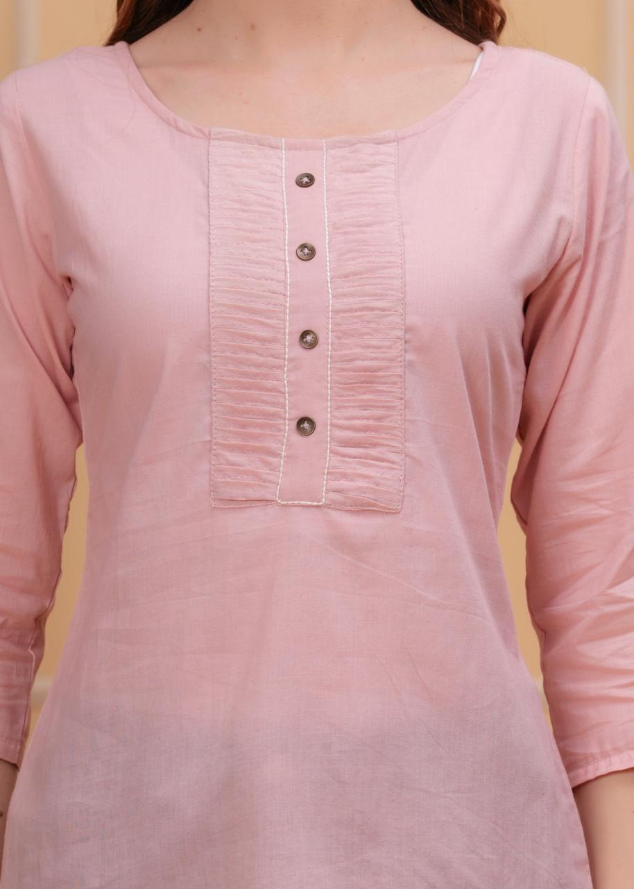Blush Pink 3/4 Sleeve Cotton Top with Pintuck Detail
