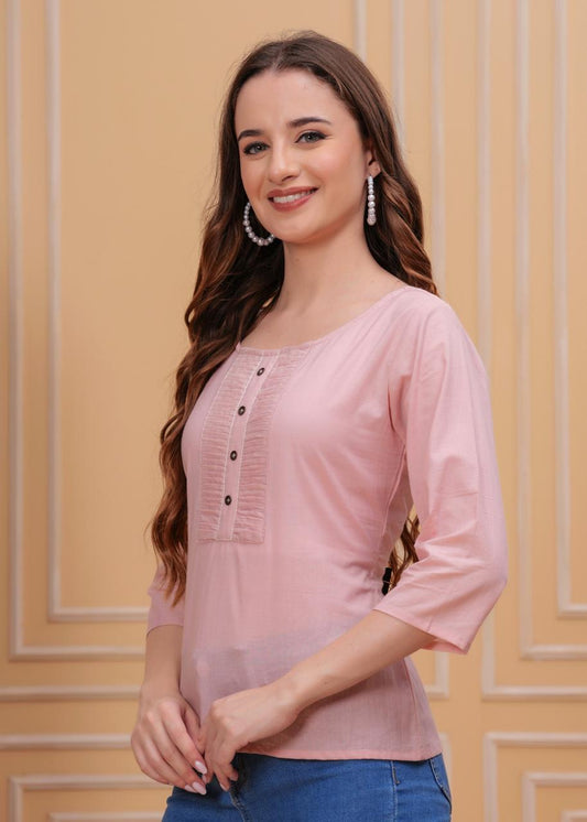 Blush Pink 3/4 Sleeve Cotton Top with Pintuck Detail