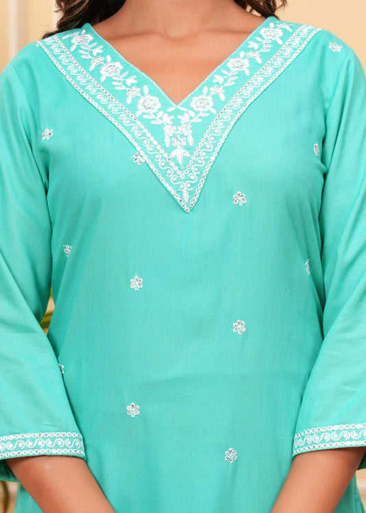 Pista Green Mirror Work Kurti Set