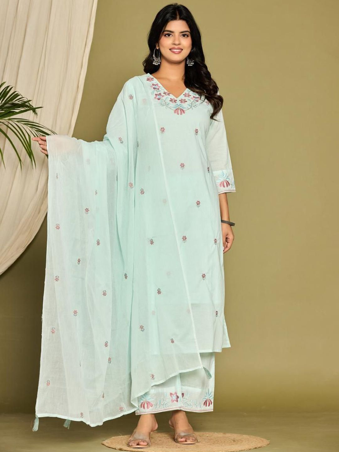 Floral Embroidered Pure Cotton Straight Kurta And Trousers With Dupatta