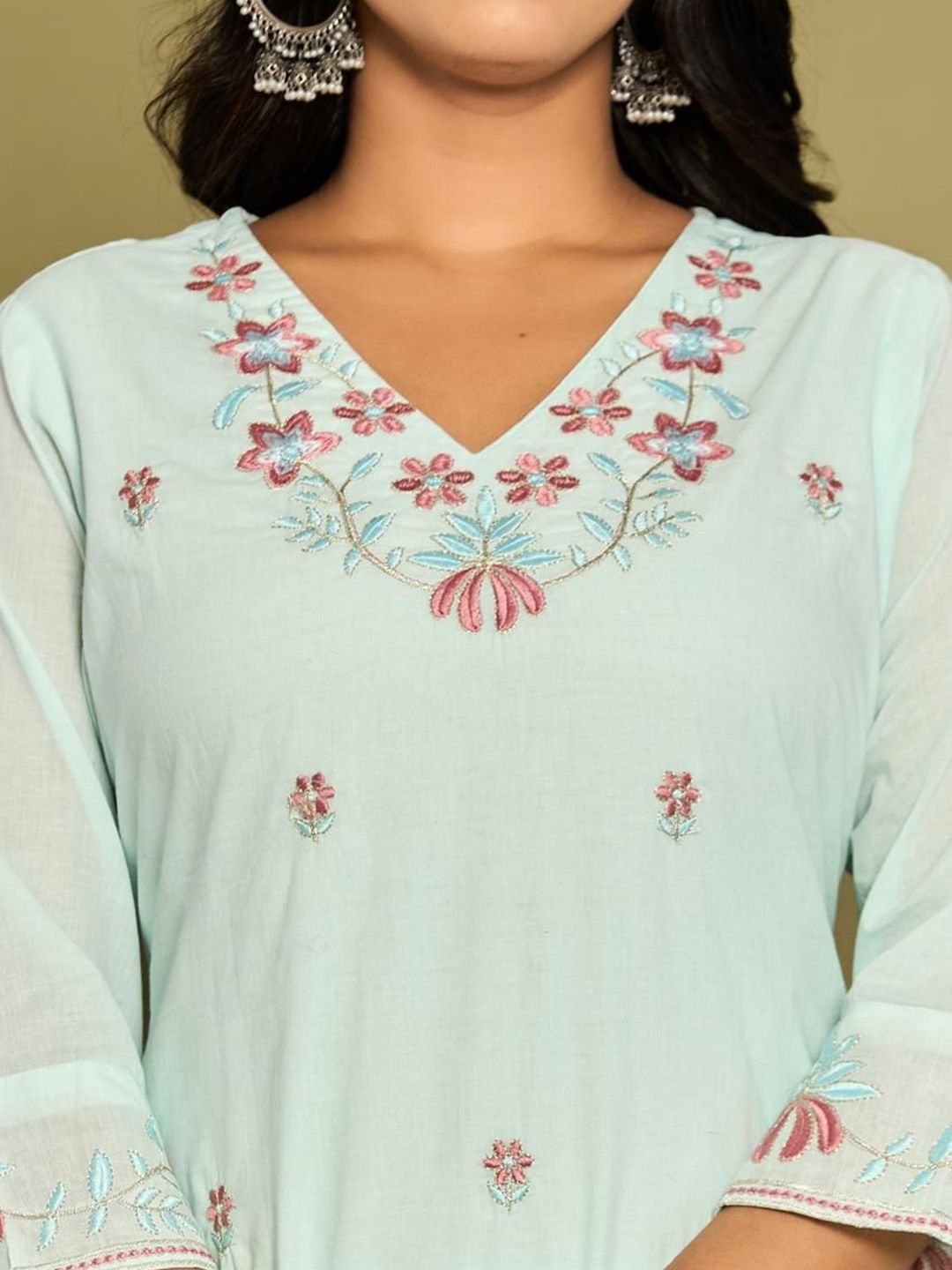 Floral Embroidered Pure Cotton Straight Kurta And Trousers With Dupatta