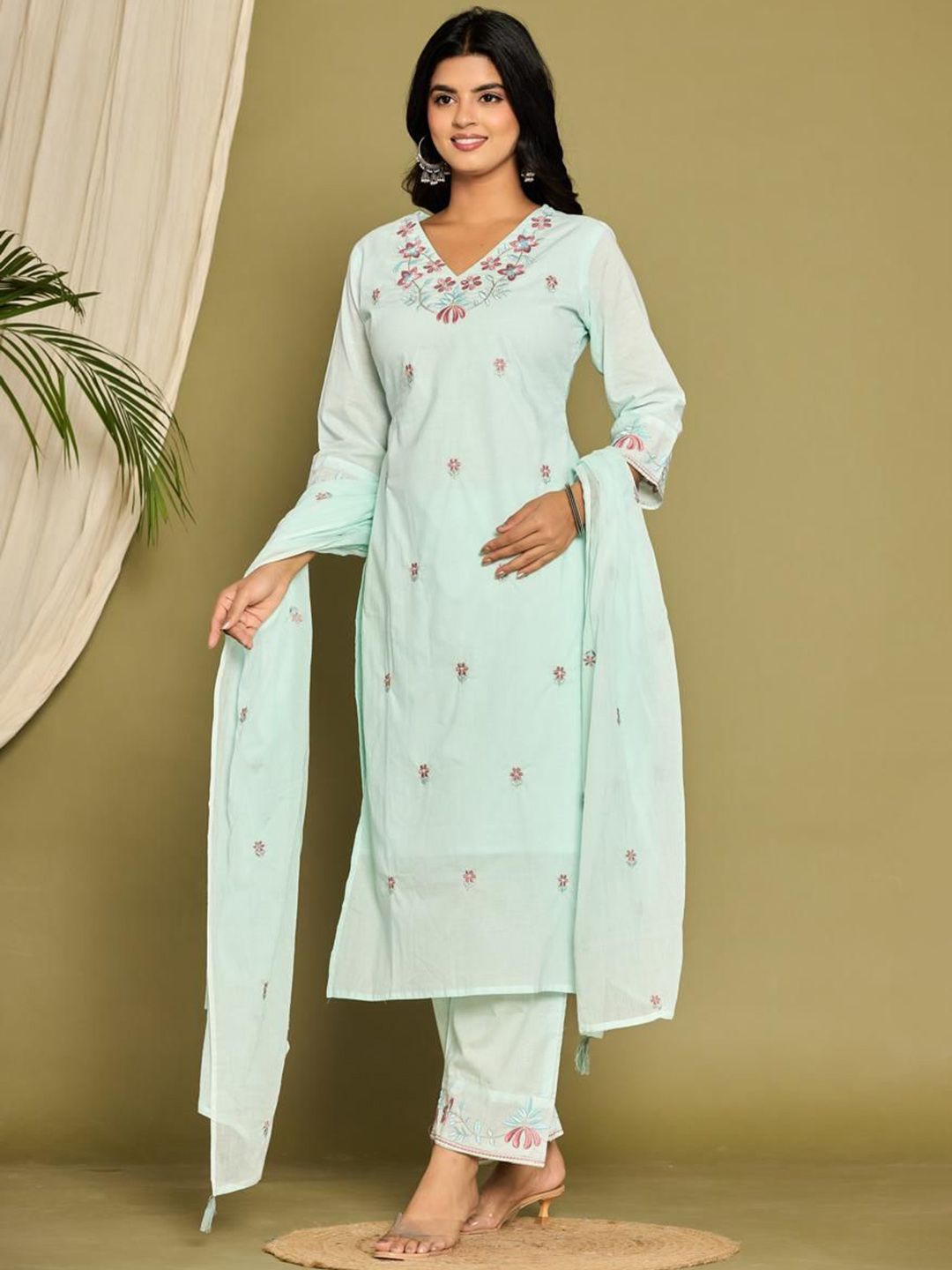 Floral Embroidered Pure Cotton Straight Kurta And Trousers With Dupatta