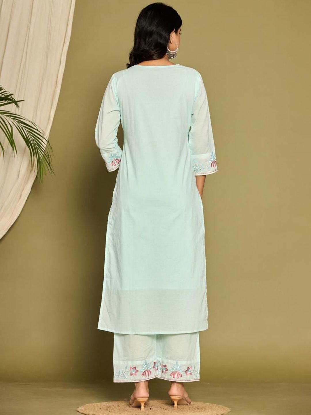 Floral Embroidered Pure Cotton Straight Kurta And Trousers With Dupatta