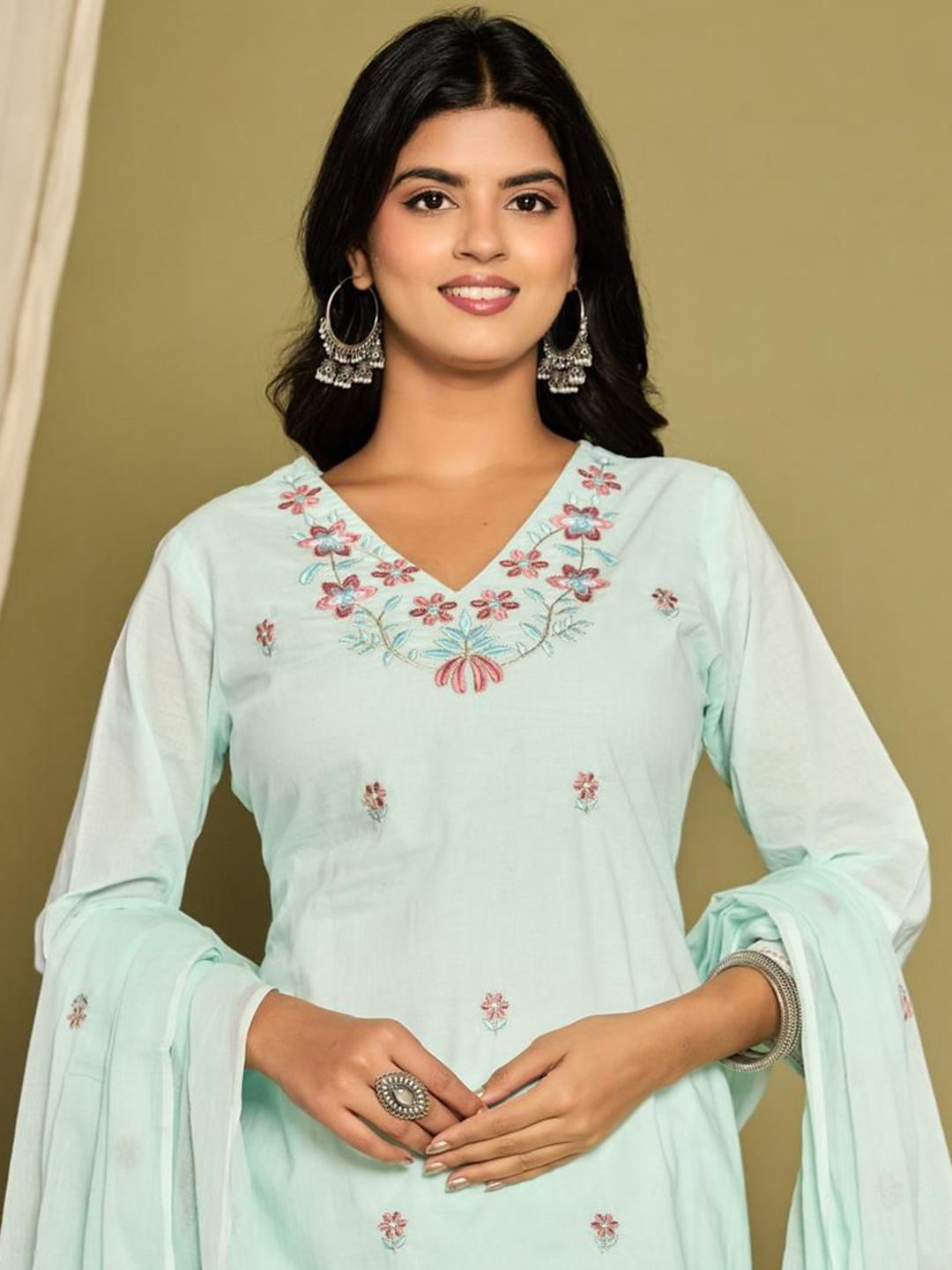 Floral Embroidered Pure Cotton Straight Kurta And Trousers With Dupatta