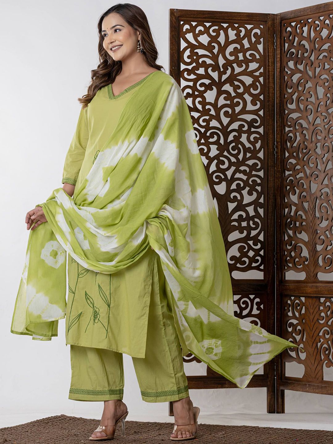 Floral Embroidered Thread Work Pure Cotton Kurta & Palazzo With Dupatta