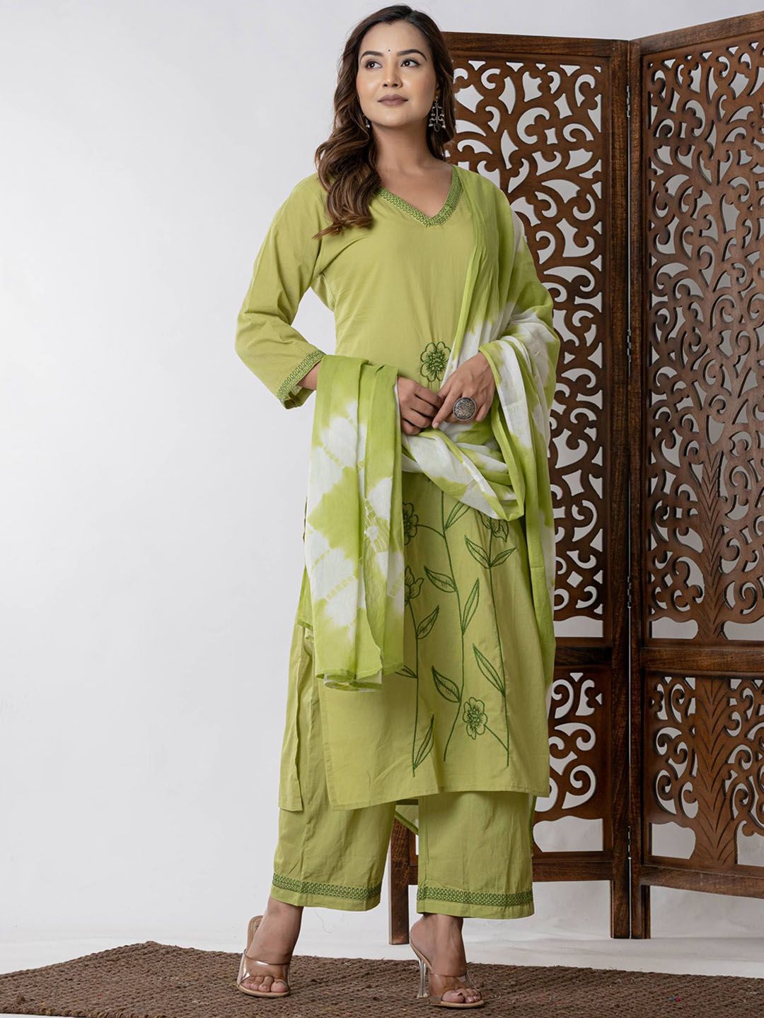 Floral Embroidered Thread Work Pure Cotton Kurta & Palazzo With Dupatta