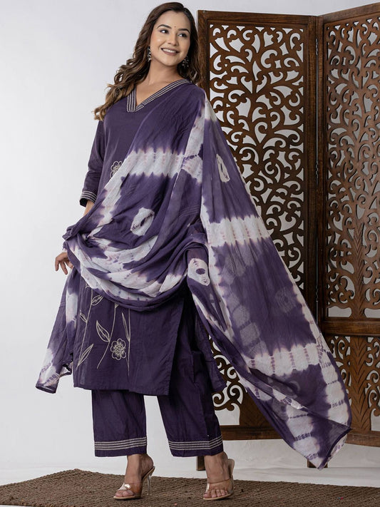 Women Embroidered Thread Work Pure Cotton Kurta Set With Dupatta