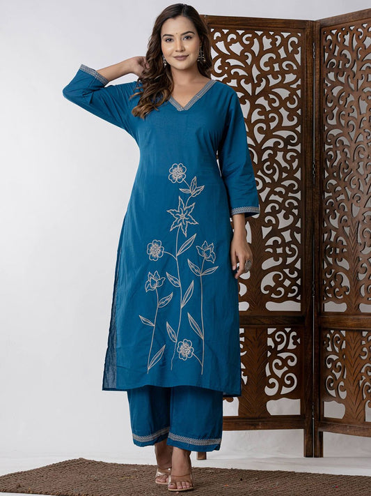 Floral Embroidered Pure Cotton Straight Kurta And Palazzo With Dupatta