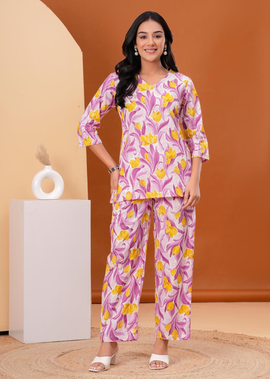 Purple Floral Co-ord Set with Vibrant Yellow Blooms & Soft Cotton Fabric