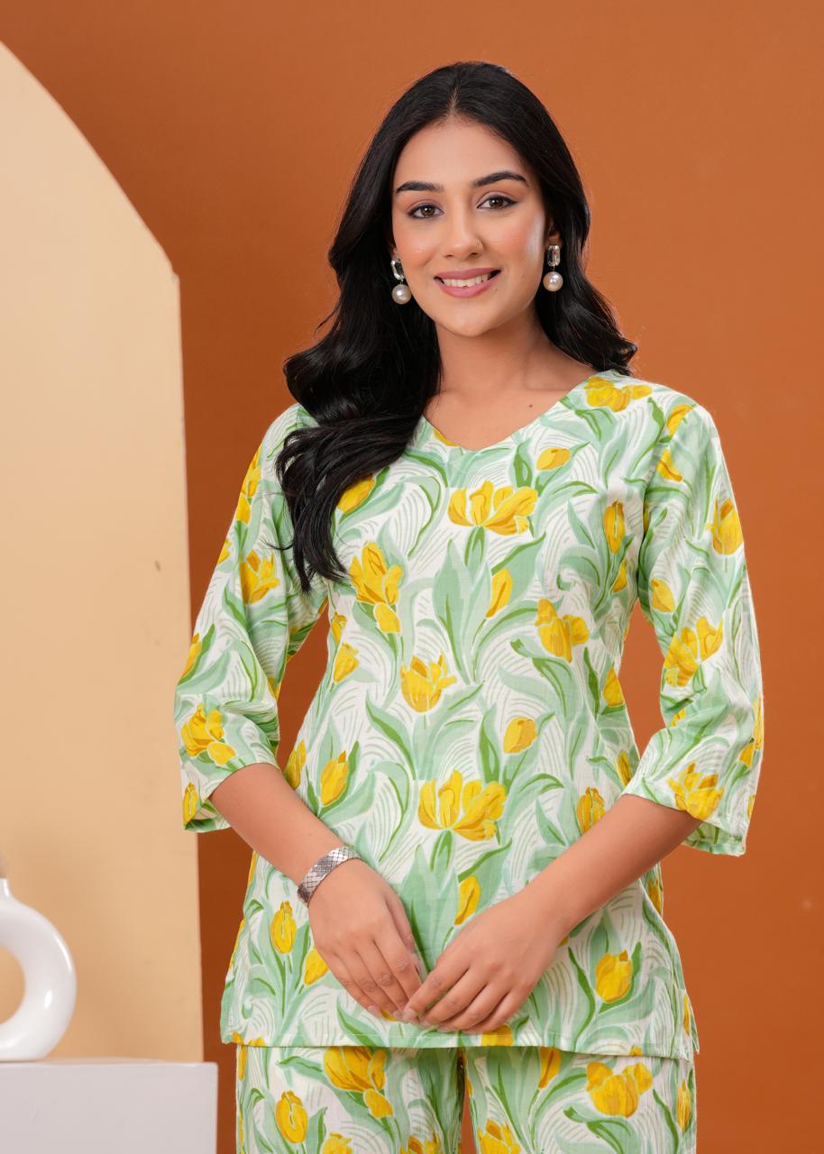 Yellow Floral Printed Co-ord Set on Mint Base