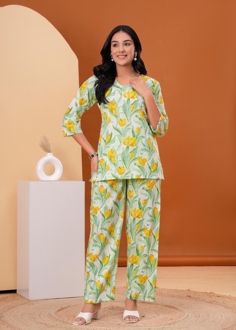 Yellow Floral Printed Co-ord Set on Mint Base