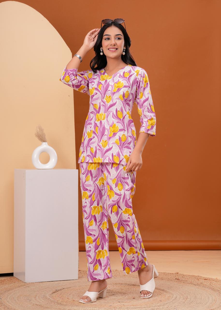 Purple Floral Co-ord Set with Vibrant Yellow Blooms & Soft Cotton Fabric