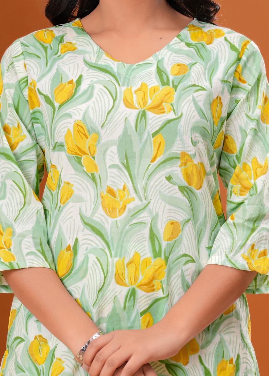 Yellow Floral Printed Co-ord Set on Mint Base