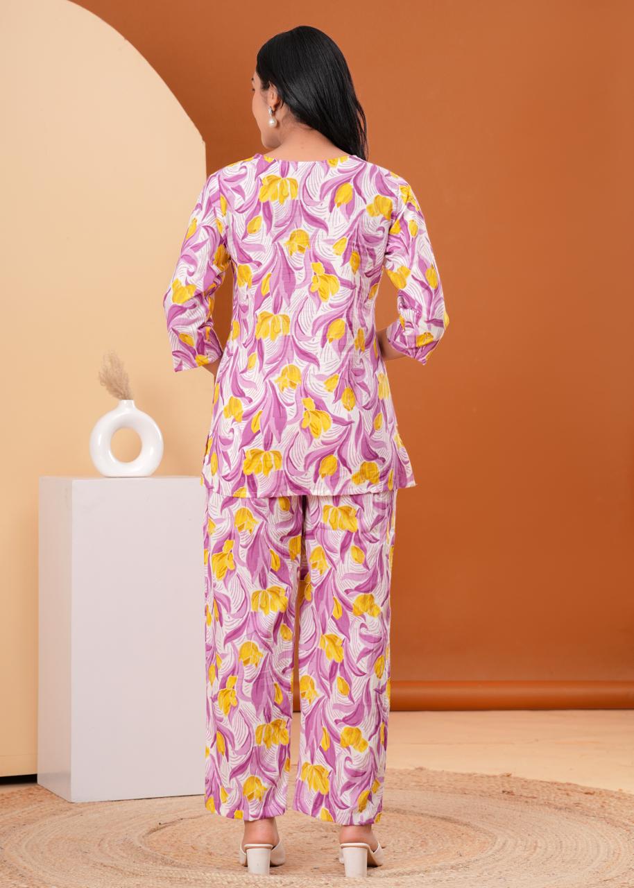 Purple Floral Co-ord Set with Vibrant Yellow Blooms & Soft Cotton Fabric