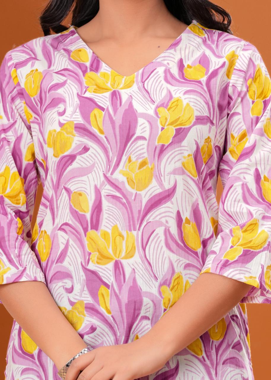 Purple Floral Co-ord Set with Vibrant Yellow Blooms & Soft Cotton Fabric