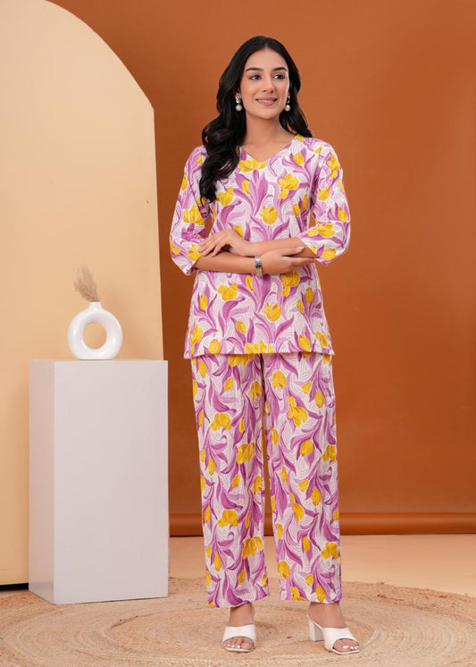 Purple Floral Co-ord Set with Vibrant Yellow Blooms & Soft Cotton Fabric