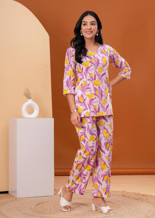 Purple Floral Co-ord Set with Vibrant Yellow Blooms & Soft Cotton Fabric