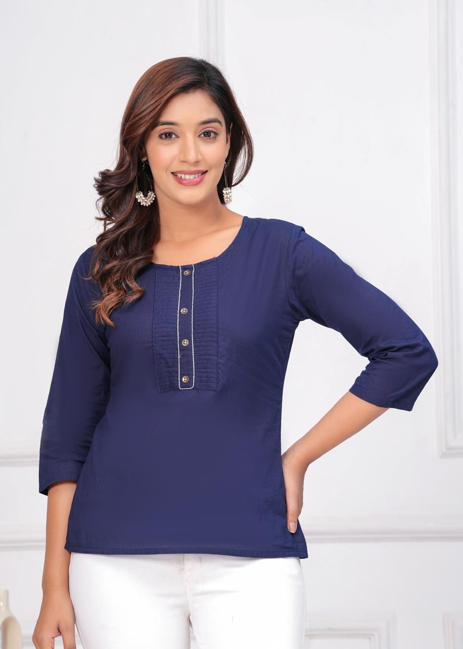 Navy Blue Solid Cotton Top with Pintucks and 3/4 Sleeves