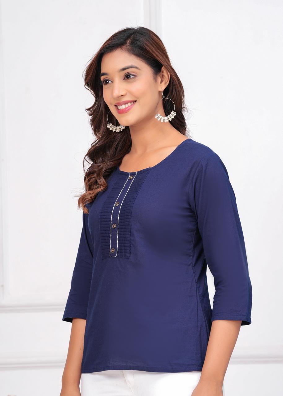 Navy Blue Solid Cotton Top with Pintucks and 3/4 Sleeves