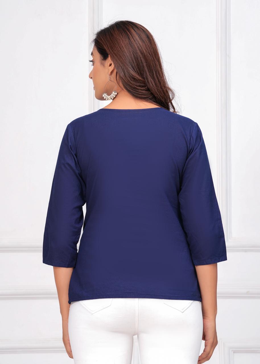 Navy Blue Solid Cotton Top with Pintucks and 3/4 Sleeves