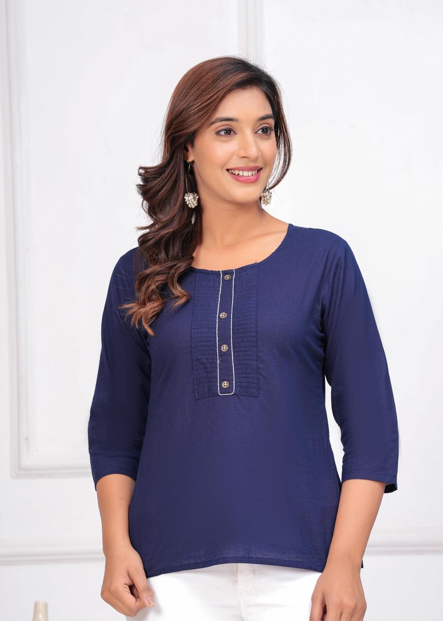 Navy Blue Solid Cotton Top with Pintucks and 3/4 Sleeves