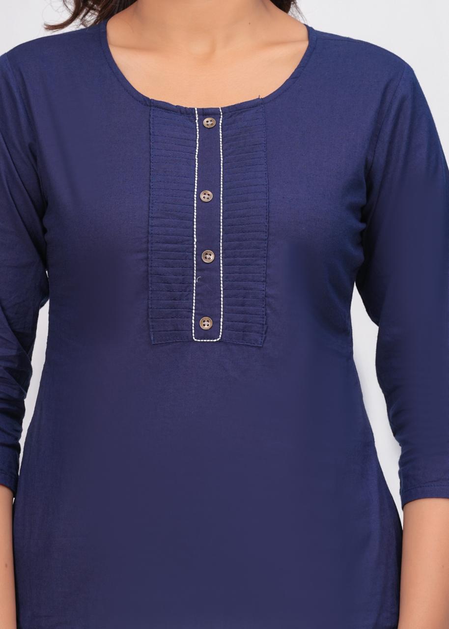 Navy Blue Solid Cotton Top with Pintucks and 3/4 Sleeves