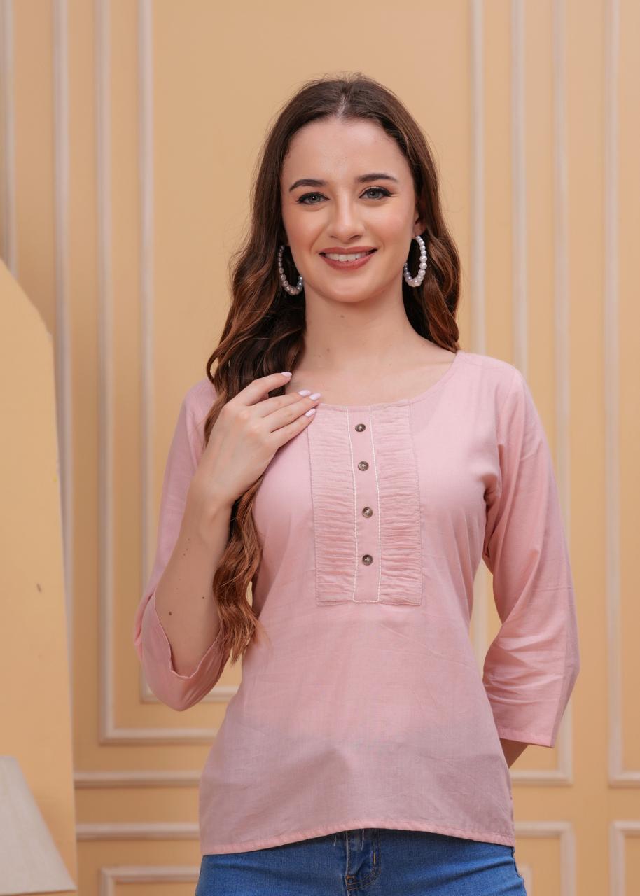 Blush Pink 3/4 Sleeve Cotton Top with Pintuck Detail