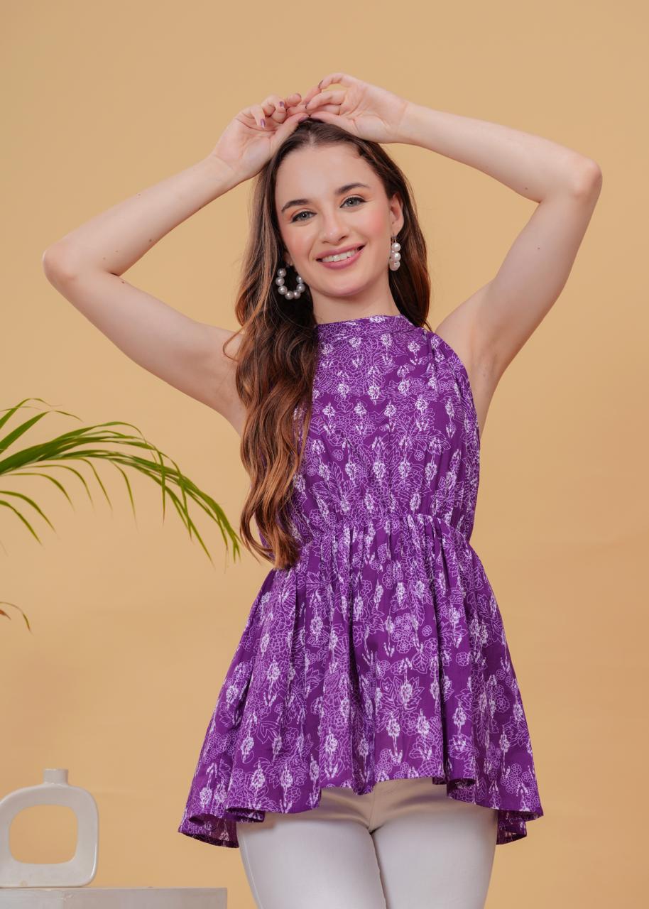 Purple Printed Sleeveless Peplum Cotton Top for Women