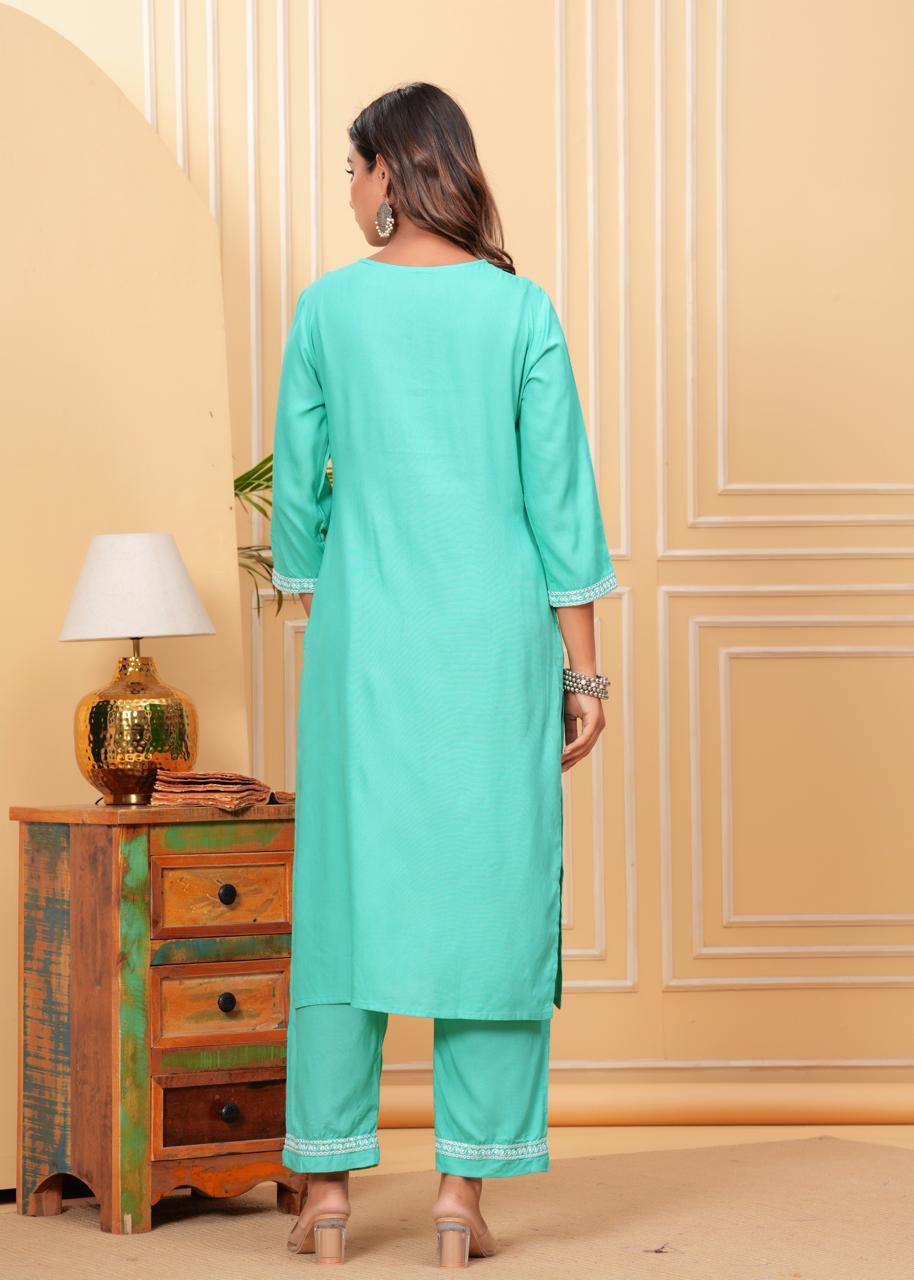 Pista Green Mirror Work Kurti Set