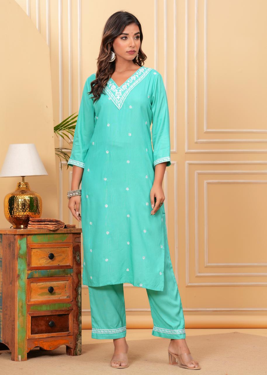Pista Green Mirror Work Kurti Set