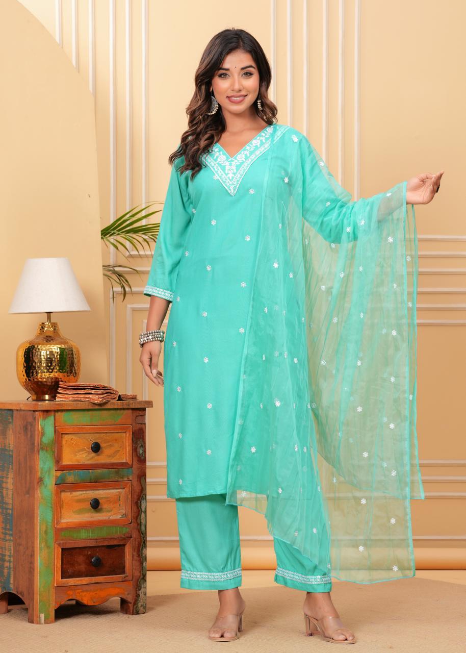 Pista Green Mirror Work Kurti Set