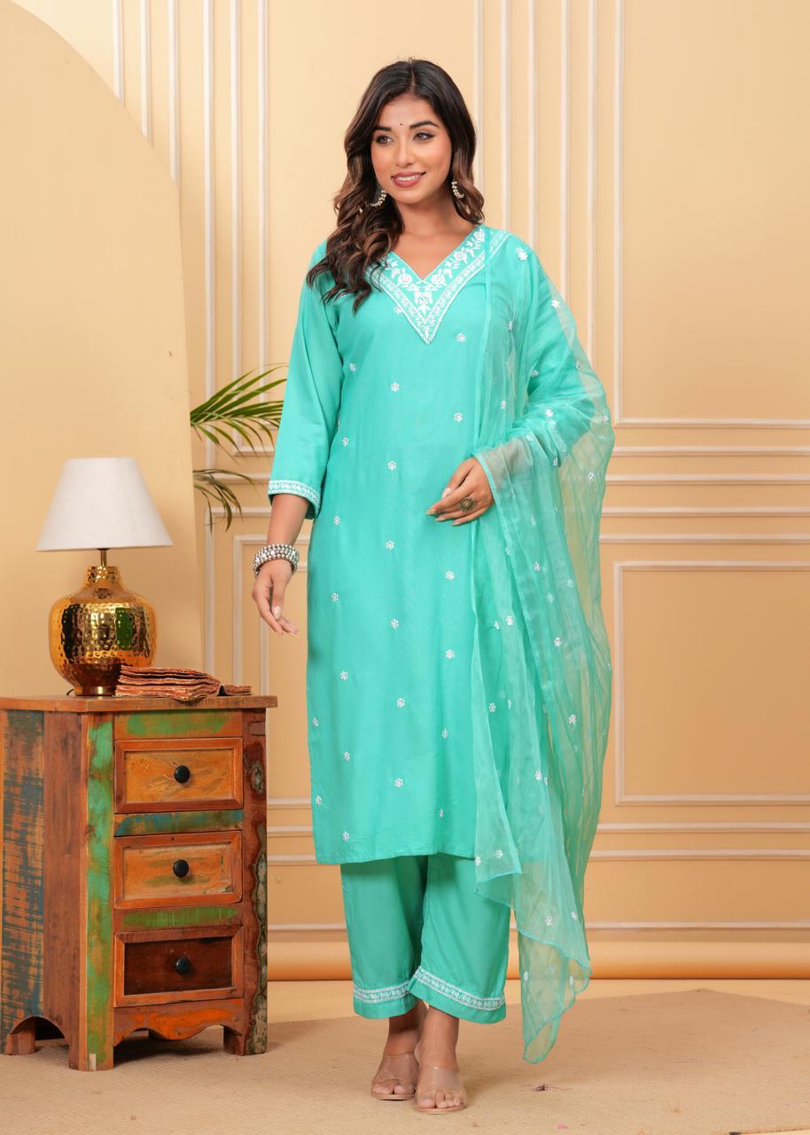 Pista Green Mirror Work Kurti Set