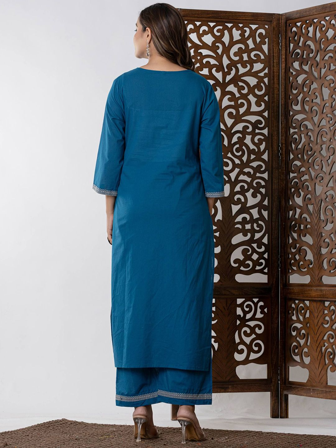 Floral Embroidered Pure Cotton Straight Kurta And Palazzo With Dupatta