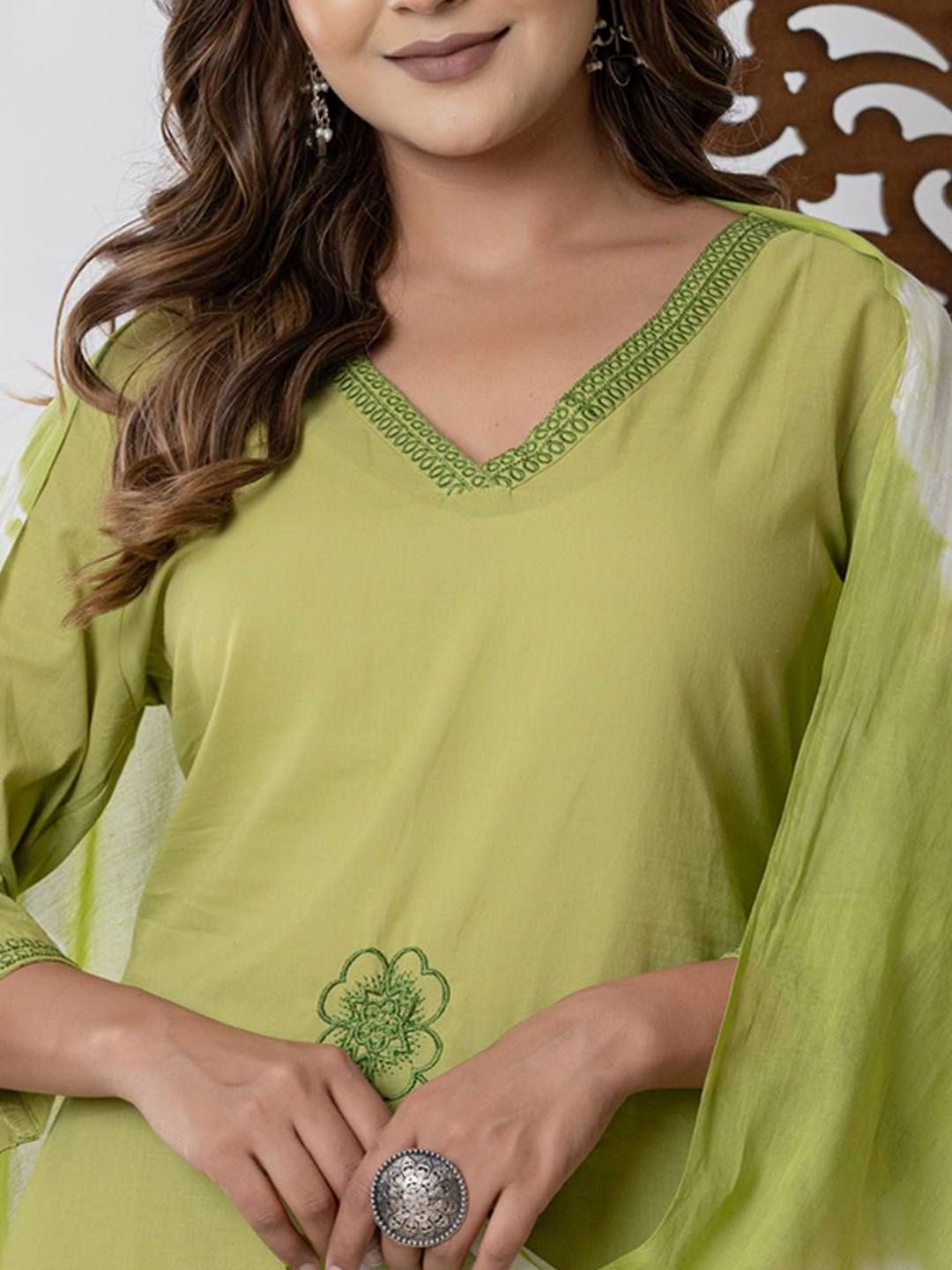 Floral Embroidered Thread Work Pure Cotton Kurta & Palazzo With Dupatta