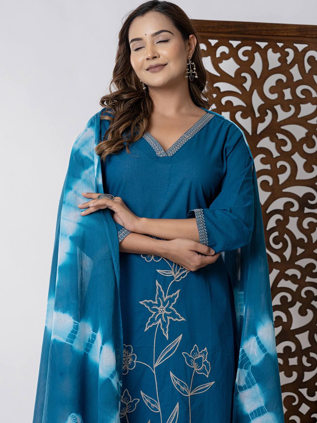 Floral Embroidered Pure Cotton Straight Kurta And Palazzo With Dupatta