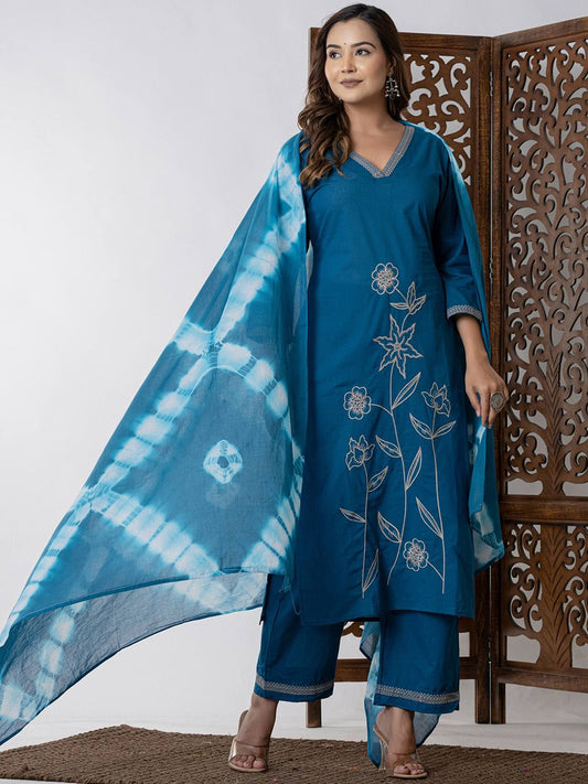Floral Embroidered Pure Cotton Straight Kurta And Palazzo With Dupatta
